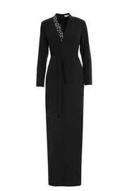 V-Neck Long Sleeve Evening Dress with Crystals, Black