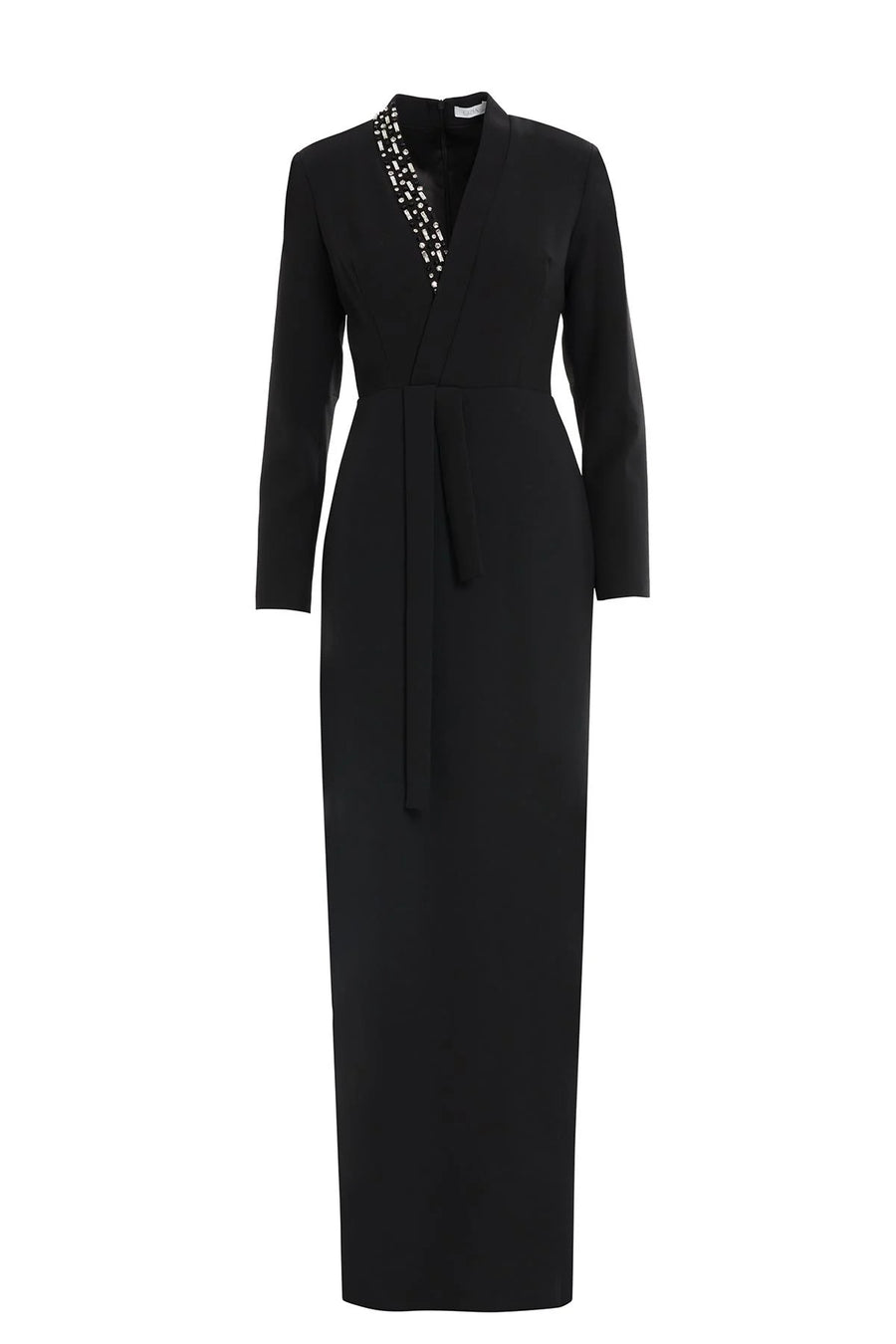 V-Neck Long Sleeve Evening Dress with Crystals, Black